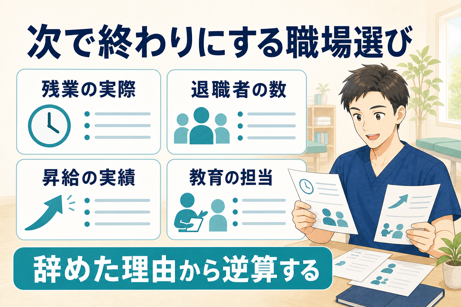 次で終わりにする職場選びの確認項目(残業の実際・退職者の数・昇給の実績・教育の担当)の図解