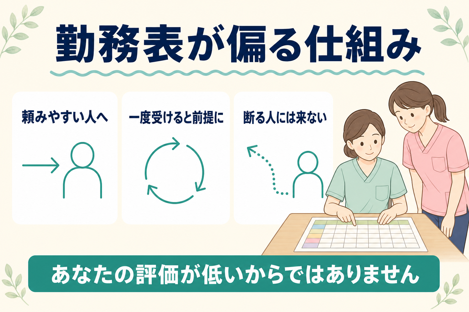 勤務表が偏る仕組みを頼みやすい人へ・一度受けると前提に・断る人には来ないの3点で示した図