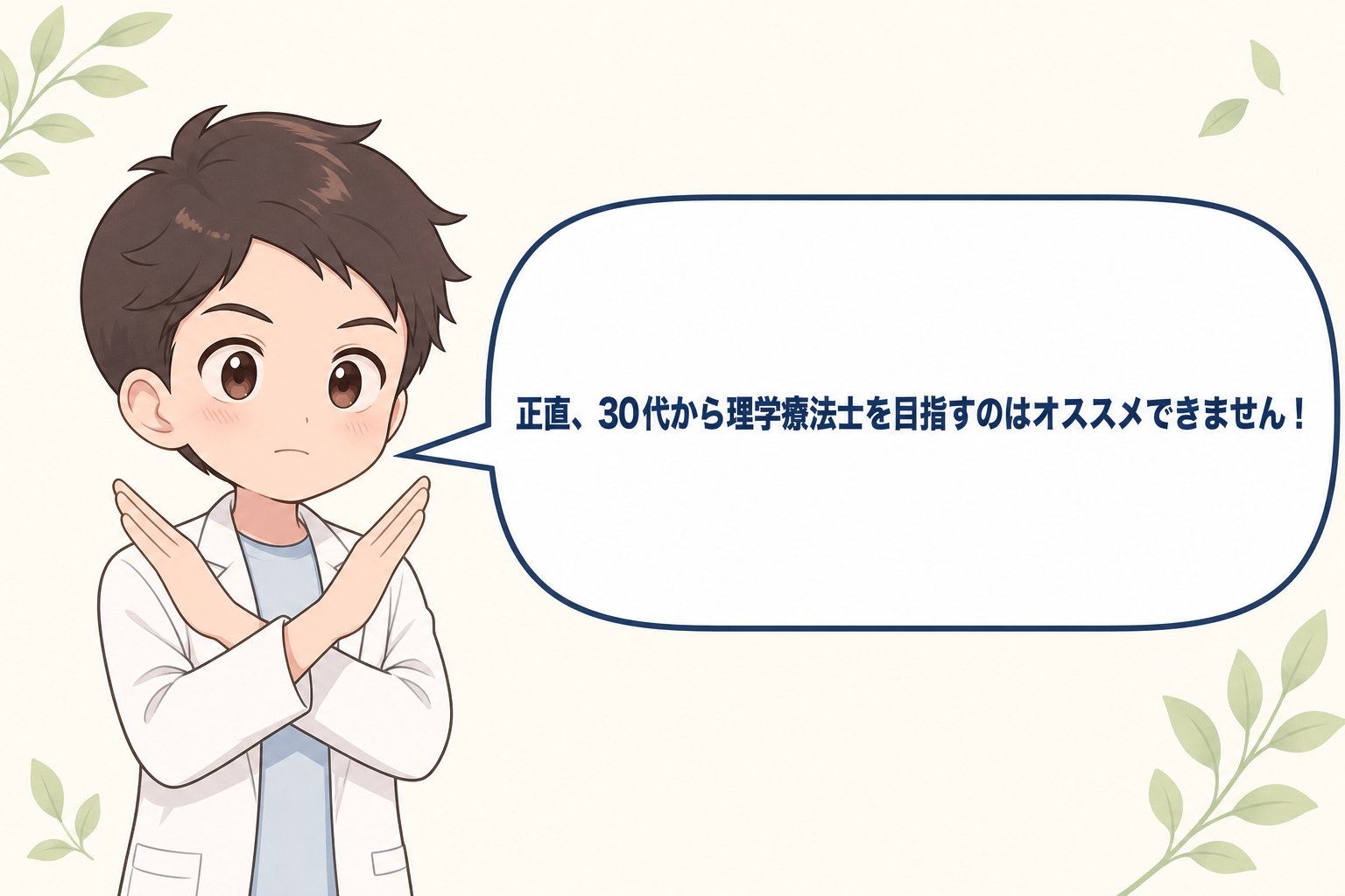 手でバツを作りながら30代から理学療法士を目指すのはオススメできませんと話す解説役のイラスト