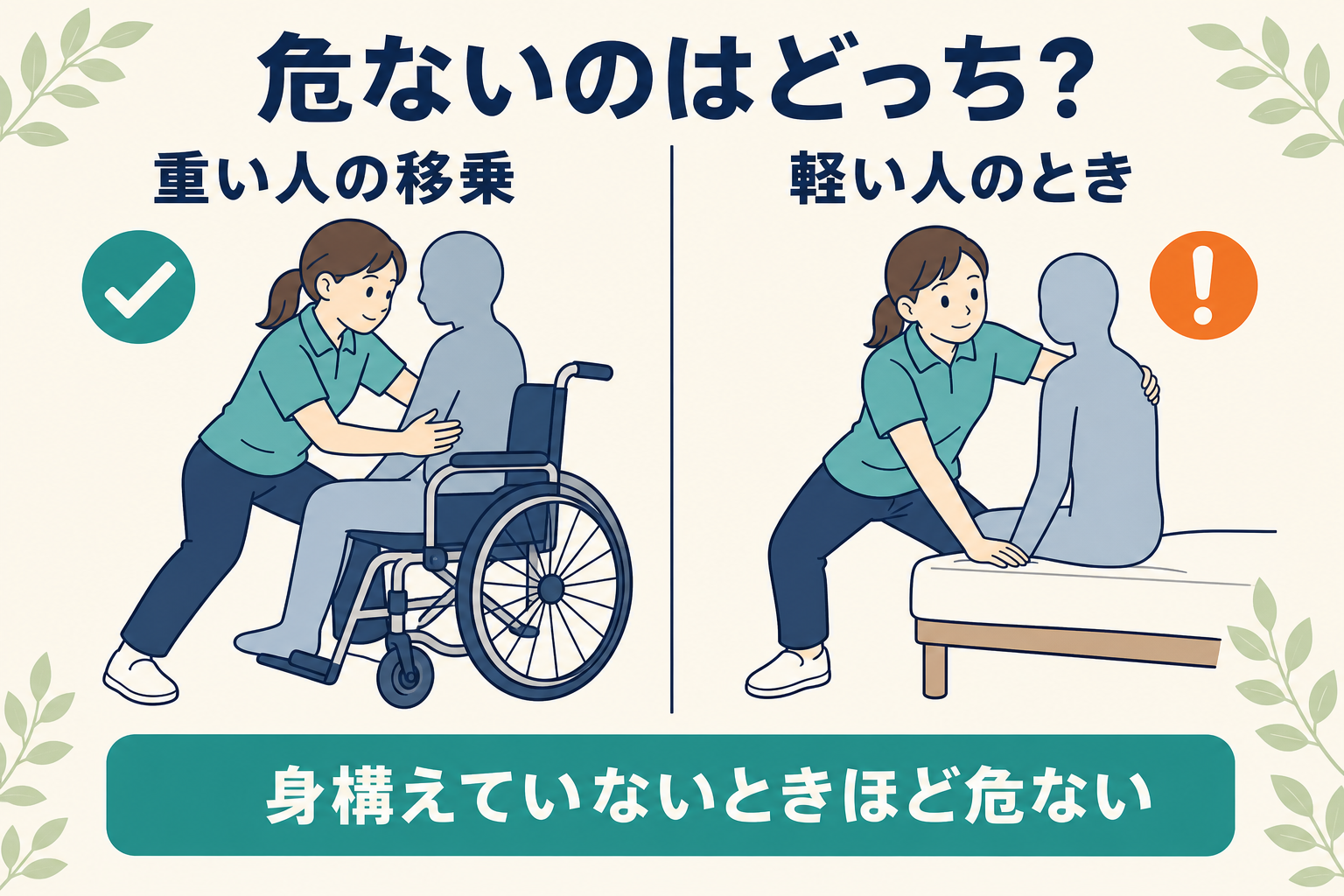 重い利用者の移乗では足を開いて身構え、軽い利用者では中腰のまま片手で支えている様子を左右で比べた図