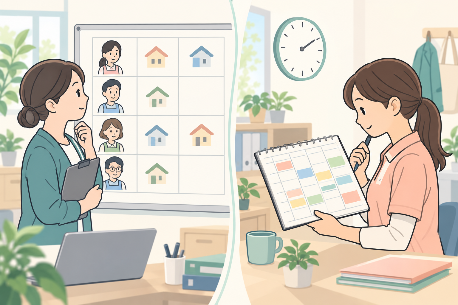 職員の配置とサ責本人の勤務時間を分けて確認する場面