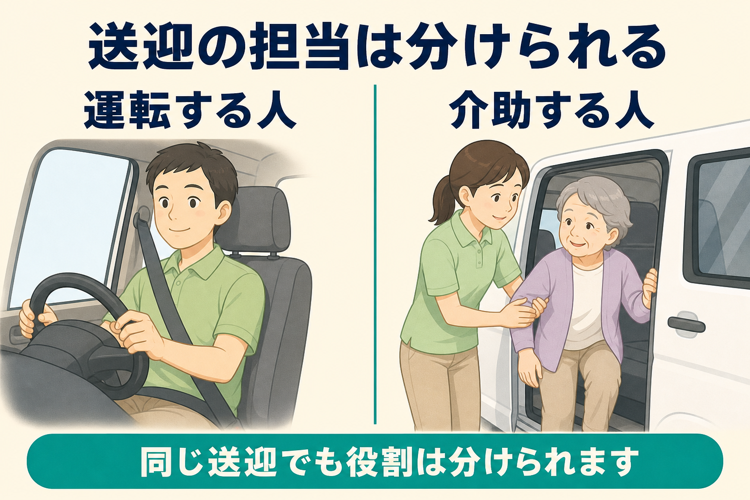 送迎の担当を分けた図。運転する人と介助する人で役割を分けられる
