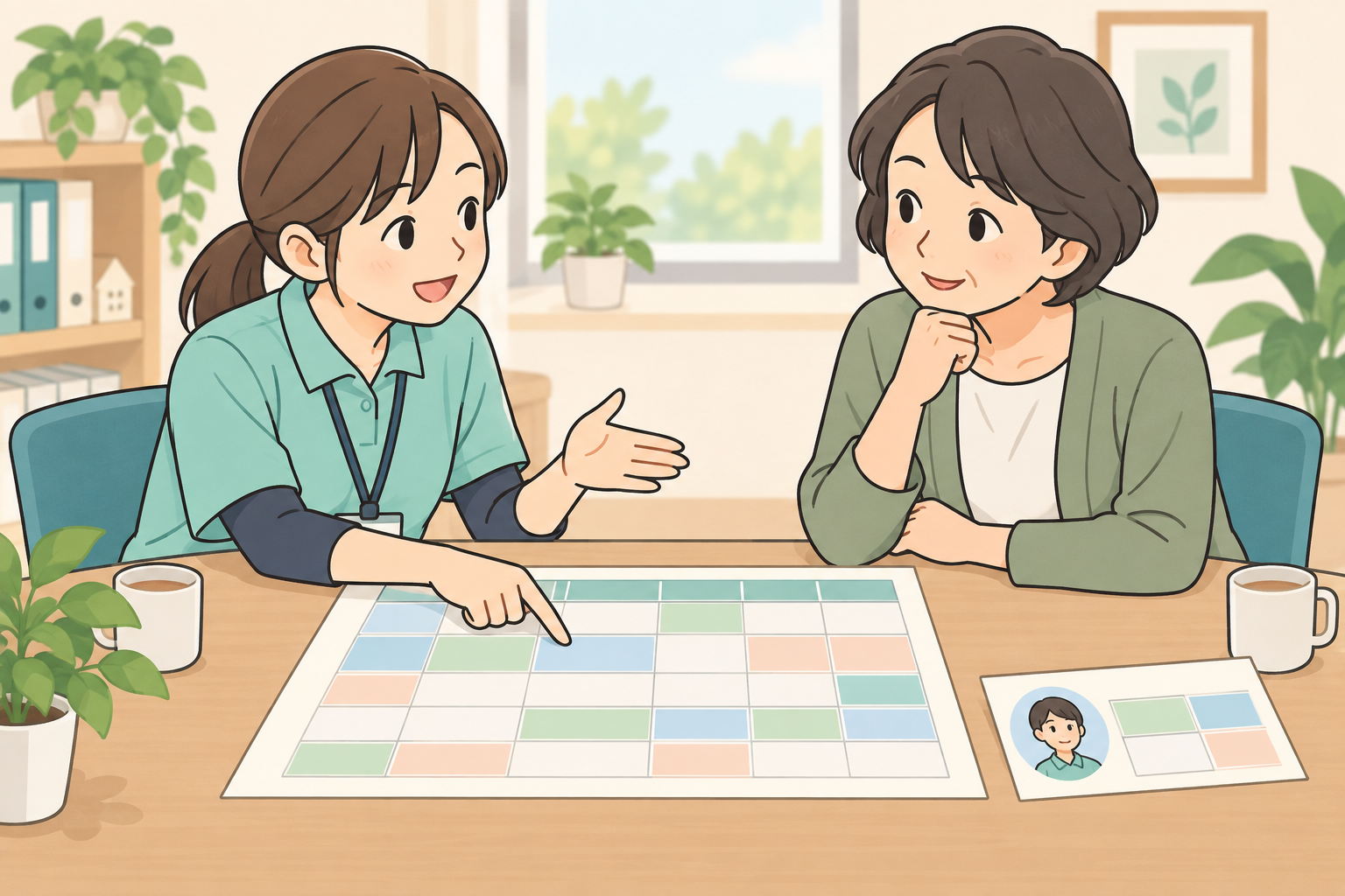 勤務表を見ながら兼務の分担を相談するサ責と上司