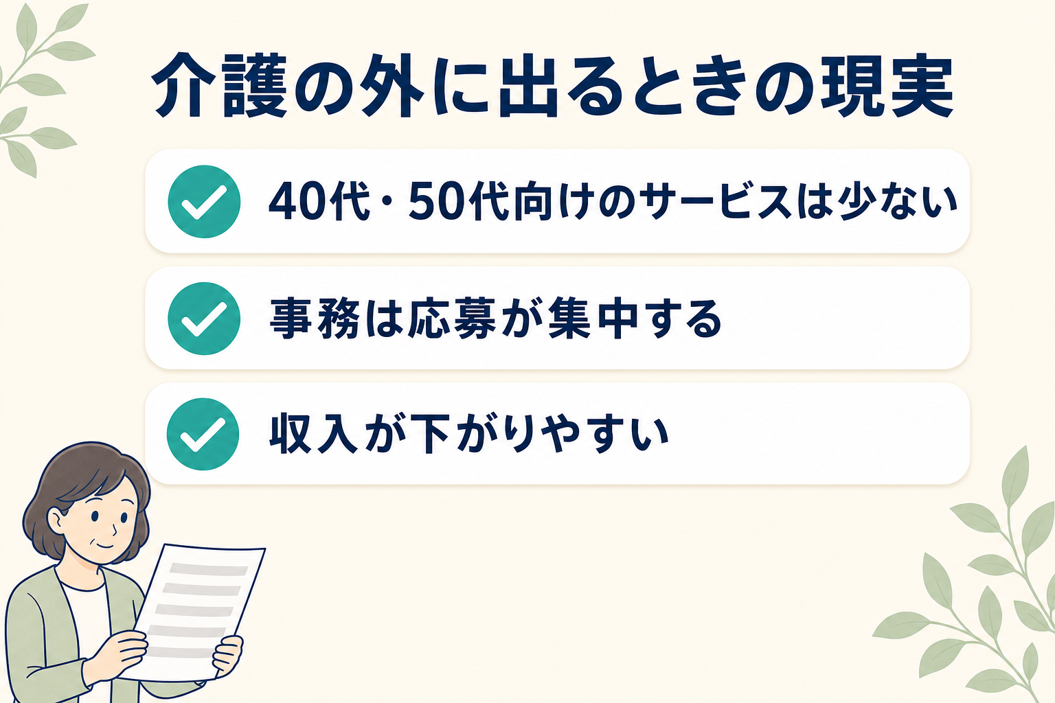 40代・50代が介護の外へ出るときの現実を3項目のチェックリストで示した図